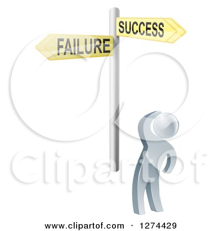 Clipart of a 3d Silver Man Looking up at Failure and Success Option Street Signs - Royalty Free Vector Illustration by AtStockIllustration