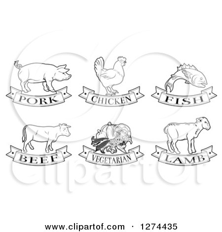 Clipart of Black and White Pork, Chicken, Fish, Beef, Vegetarian and Lamb Animal and Food Designs - Royalty Free Vector Illustration by AtStockIllustration
