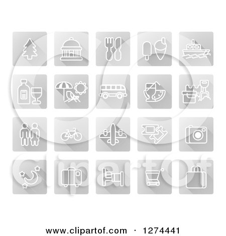 Clipart of White Tourist Icons on Gray Squares - Royalty Free Vector Illustration by AtStockIllustration