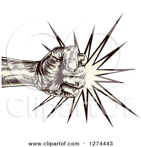 Clipart of an Engraved Punching Fist Making Impact - Royalty Free Vector Illustration by AtStockIllustration