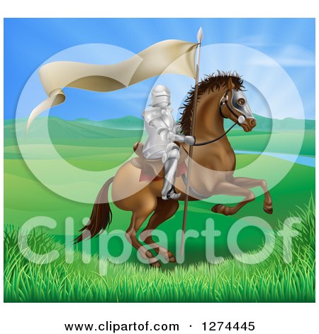 Clipart of a Horseback Medieval Knight in Armor, Riding with a Banner in a Lush Landscape Ona Rearing Horse - Royalty Free Vector Illustration by AtStockIllustration