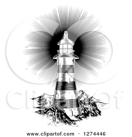 Clipart of a Black and White Shining Engraved Lighthouse - Royalty Free Vector Illustration by AtStockIllustration
