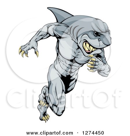 Clipart of a Muscular Shark Man Mascot Running - Royalty Free Vector Illustration by AtStockIllustration