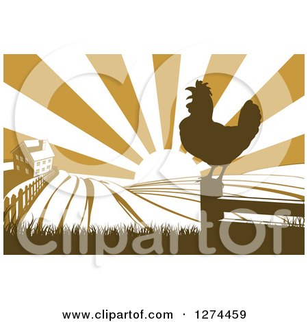Clipart of a Sunrise over a Brown Silhouetted Farm House, a Crowing Rooster and Fields - Royalty Free Vector Illustration by AtStockIllustration