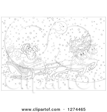 Clipart of Two Black and White Magic Christmas Reindeer Flying Santa in His Sleigh on a Snowy Winter Night with a Happy Crescent Moon - Royalty Free Vector Illustration by Alex Bannykh