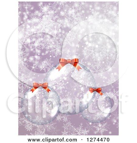 Clipart of a Christmas Background with 3d Suspended Clear Glass Baubles over Purple with Snowflakes - Royalty Free Vector Illustration by vectorace