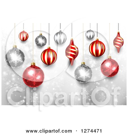 Clipart of a Christmas Background with 3d Suspended Silver and Red Baubles over Snowflakes - Royalty Free Vector Illustration by vectorace