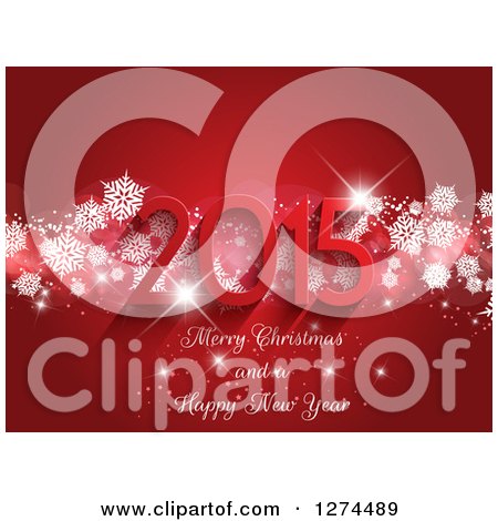 Clipart of a 3d 2015 Merry Christmas and a Happy New Year Greeting over Red with Sparkles and Snowflakes - Royalty Free Vector Illustration by KJ Pargeter