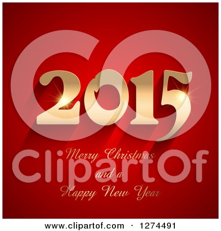 Clipart of a 3d Gold 2015 Merry Christmas and a Happy New Year Greeting on Red - Royalty Free Vector Illustration by KJ Pargeter