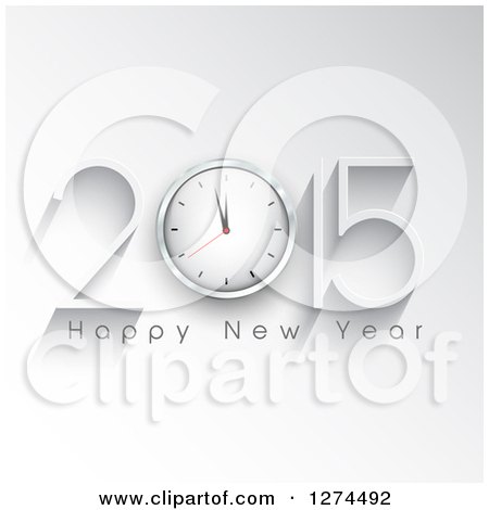 Clipart of a 3d White 2015 Happy New Year Greeting with a Clock over White with Shadows - Royalty Free Vector Illustration by KJ Pargeter