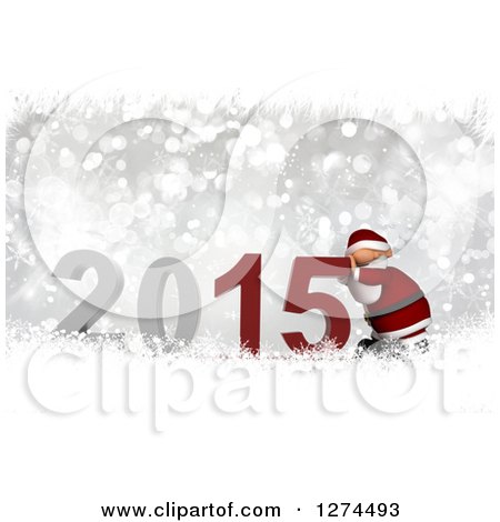 Clipart of a 3d Santa Pushing 2015 New Year over Silver Bokeh and Snowflakes - Royalty Free Illustration by KJ Pargeter