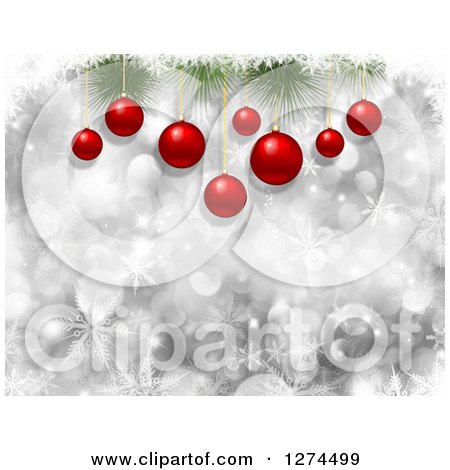Clipart of a Background of 3d Red Christmas Baubles Suspended from Branches over Silver Bokeh and Snowflakes - Royalty Free Illustration by KJ Pargeter