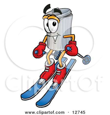 Clipart Picture of a Garbage Can Mascot Cartoon Character Skiing Downhill by Mascot Junction