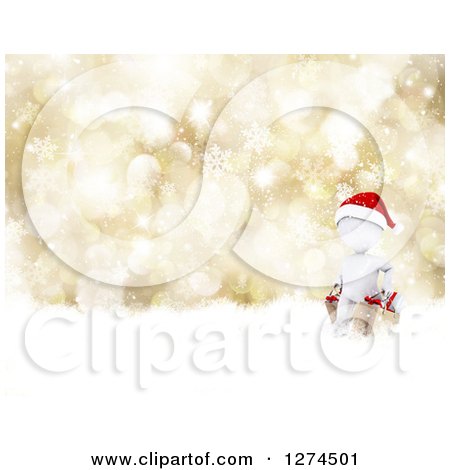 Clipart of a 3d White Man Wearing a Santa Hat and Christmas Shopping over a Gold Bokeh and Snowflake Background - Royalty Free Illustration by KJ Pargeter