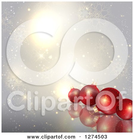 Clipart of a Christmas Background of 3d Red Baubles over Silver with Gold Snowflakes and Flares - Royalty Free Vector Illustration by KJ Pargeter