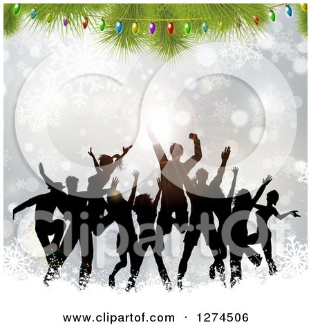 Clipart of a Silhouetted Crowd of People Dancing and Jumping Under a Christmas Tree and Lights over Silver Bokeh and Snowflakes - Royalty Free Vector Illustration by KJ Pargeter