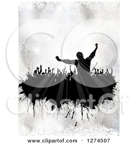 Clipart of a Silhouetted Crowd of People Dancing over Silver Bokeh and Snowflakes - Royalty Free Vector Illustration by KJ Pargeter