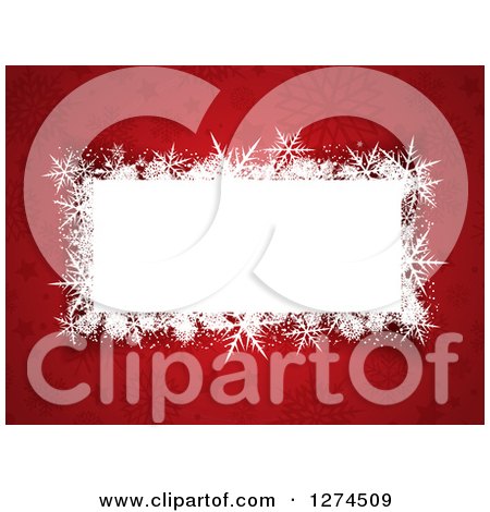 Clipart of a Red Christmas Background with a Grungy White Box, Stars and Snowflakes - Royalty Free Illustration by KJ Pargeter