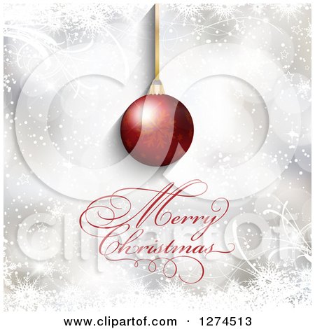 Clipart of a Merry Christmas Greeting Under a 3d Gold Bauble with Flares and Snowflakes - Royalty Free Vector Illustration by KJ Pargeter
