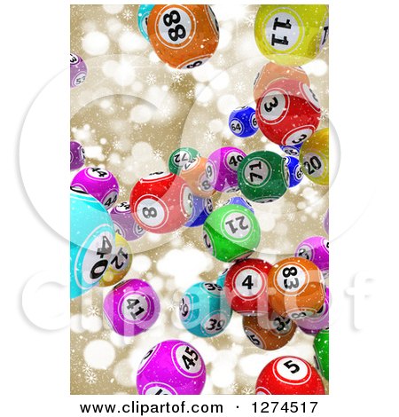 Clipart of 3d Colorful Bingo Balls Falling over Gold Snowflakes and Bokeh - Royalty Free Illustration by KJ Pargeter