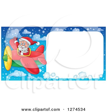Clipart of a Christmas Santa Claus Flying a Plane and Waving with a Large Sign - Royalty Free Vector Illustration by visekart