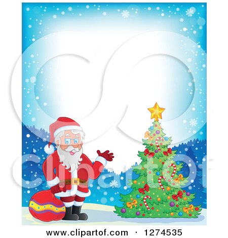 Clipart of Santa Claus Holding a Sack and Waving by a Christmas Tree in the Snow - Royalty Free Vector Illustration by visekart