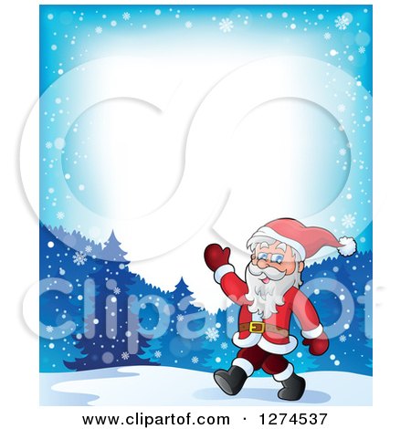 Clipart of a Christmas Santa Claus Walking and Waving over a Winter Landscape with Text Space - Royalty Free Vector Illustration by visekart