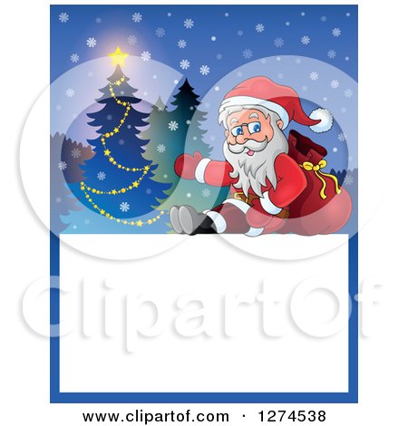 Clipart of Santa Claus Sitting and Leaning on a Sack by a Christmas Tree over Text - Royalty Free Vector Illustration by visekart