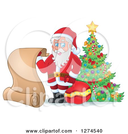Clipart of Santa Claus Holding a Sack and Scroll List by a Christmas Tree - Royalty Free Vector Illustration by visekart