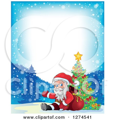 Clipart of Santa Claus Sitting Against a Sack and Presenting by a Christmas Tree in the Snow with Text Space - Royalty Free Vector Illustration by visekart