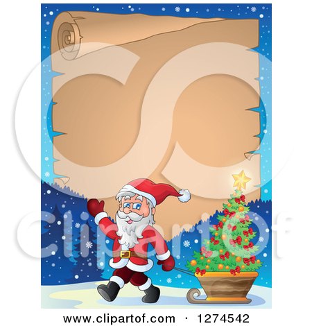 Clipart of Santa Claus Waving and Pulling a Christmas Tree in a Sleigh over a Parchment Scroll - Royalty Free Vector Illustration by visekart