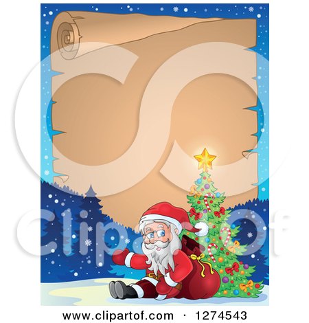 Clipart of Santa Claus Sitting Against a Sack and Presenting by a Christmas Tree in the Snow with a Blank Scroll - Royalty Free Vector Illustration by visekart