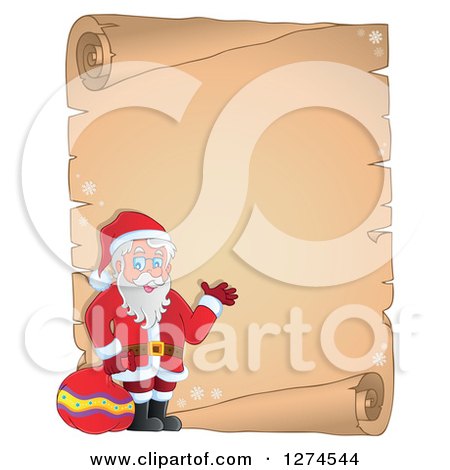 Clipart of a Christmas Santa Claus Holding a Sack and Waving over a Parchment Scroll - Royalty Free Vector Illustration by visekart