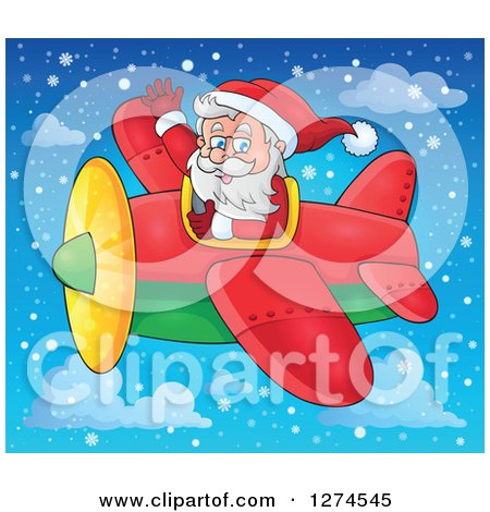 Clipart of a Christmas Santa Claus Flying a Plane and Waving in a Snowy Sky - Royalty Free Vector Illustration by visekart
