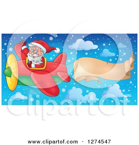 Clipart of a Christmas Santa Claus Flying a Plane and Waving with a Trailing Parchment Banner - Royalty Free Vector Illustration by visekart