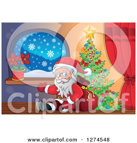 Clipart of Santa Claus Sitting Against a Sack and Presenting by a Christmas Tree Indoors - Royalty Free Vector Illustration by visekart