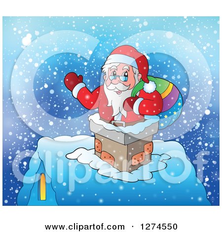 Clipart of a Christmas Santa Claus Holding a Sack and Waving in a Chimney - Royalty Free Vector Illustration by visekart