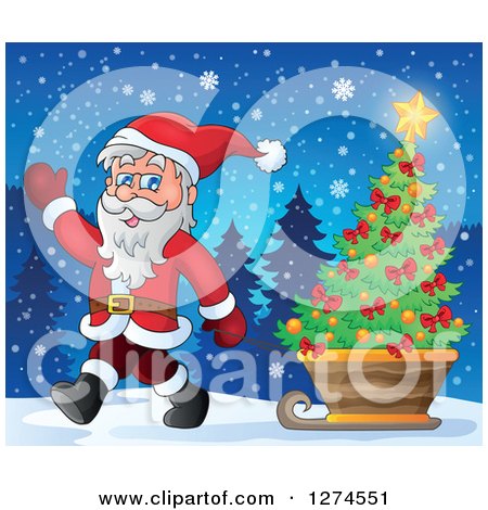 Clipart of Santa Claus Waving and Pulling a Christmas Tree in a Sleigh on a Winter Night - Royalty Free Vector Illustration by visekart
