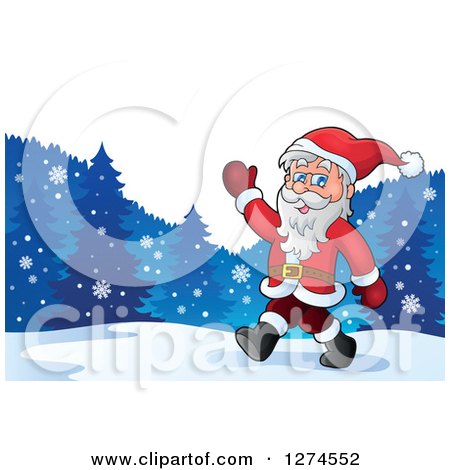 Clipart of a Christmas Santa Claus Walking and Waving in the Snow - Royalty Free Vector Illustration by visekart
