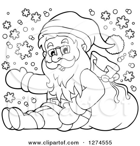 Clipart of a Black and White Christmas Santa Claus Sitting and Presenting in the Snow - Royalty Free Vector Illustration by visekart