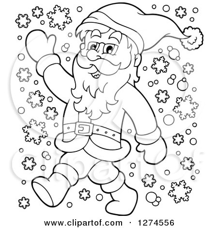 Clipart of a Black and White Christmas Santa Claus Walking and Waving in the Snow - Royalty Free Vector Illustration by visekart