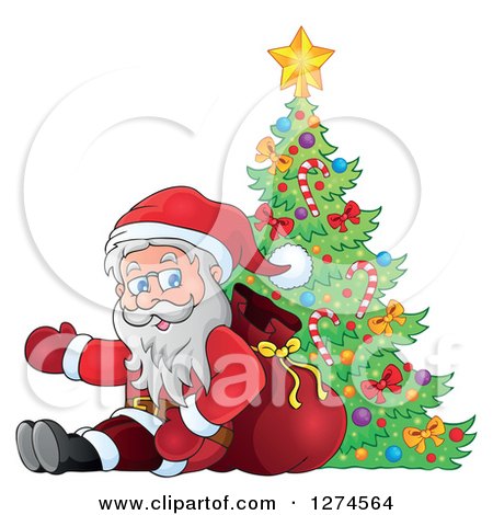 Clipart of Santa Claus Sitting Against a Sack and Presenting by a Christmas Tree - Royalty Free Vector Illustration by visekart