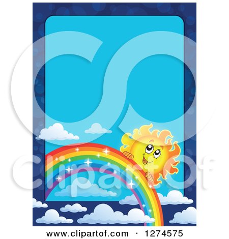 Clipart of a Happy Sun Peeking Behind a Sparkly Rainbow in a Blue Sky Border - Royalty Free Vector Illustration by visekart