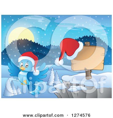 Clipart of a Christmas Blue Bird Flying by a Wood Sign with a Santa Hat and Winter Landscape at Night - Royalty Free Vector Illustration by visekart