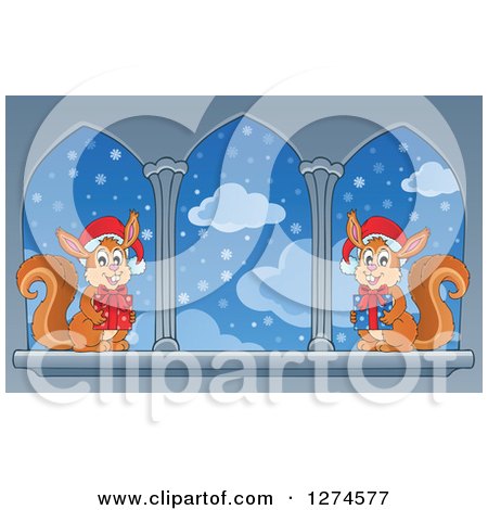 Clipart of Two Christmas Squirrels Wearing Santa Hats and Holding Gifts by Castle Windows - Royalty Free Vector Illustration by visekart