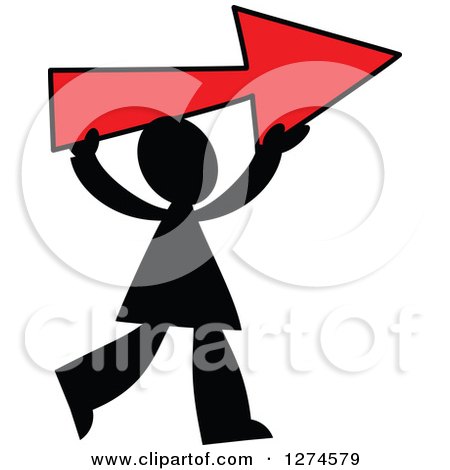Clipart of a Black Silhouetted Man Holding up a Red Arrow - Royalty Free Vector Illustration by Prawny