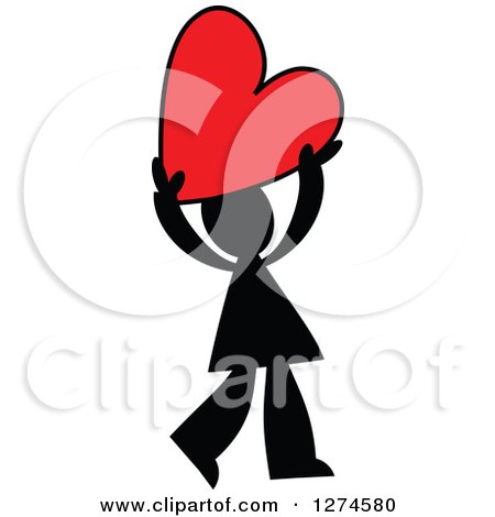 Clipart of a Black Silhouetted Man Holding up a Red Heart - Royalty Free Vector Illustration by Prawny