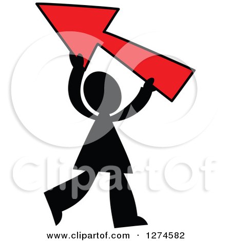 Clipart of a Black Silhouetted Man Holding up a Red Arrow Pointing Left - Royalty Free Vector Illustration by Prawny