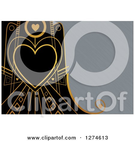 Clipart of a Gold and Black Retro Art Deco Heart Valentine Background with Brushed Silver Metal Text Space - Royalty Free Illustration by Prawny