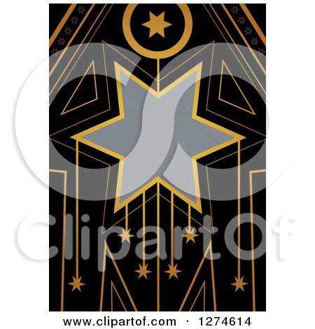 Clipart of a Gold and Black Retro Art Deco Star Background with Brushed Silver Metal Text Space - Royalty Free Illustration by Prawny